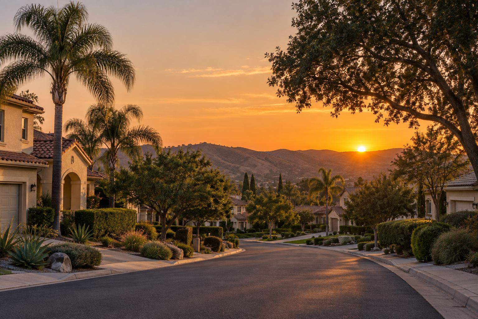 A Castaic residential street at sunset, illustrative