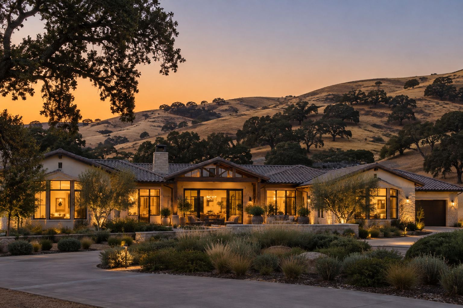 A Santa Clarita Valley home at dusk, illustrative