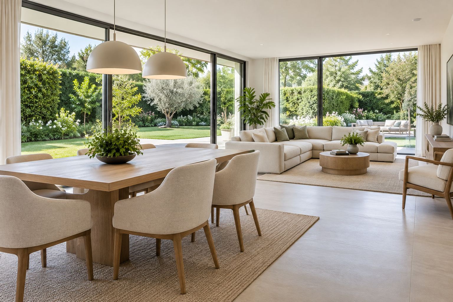 A bright California living room, illustrative